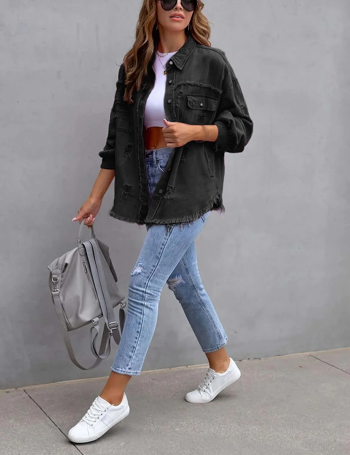 PUWEI Ripped Fringe Jean Jacket Women Distressed Washed Button Down Frayed Denim Shacket with Pocket
