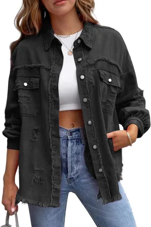 PUWEI Ripped Fringe Jean Jacket Women Distressed Washed Button Down Frayed Denim Shacket with Pocket