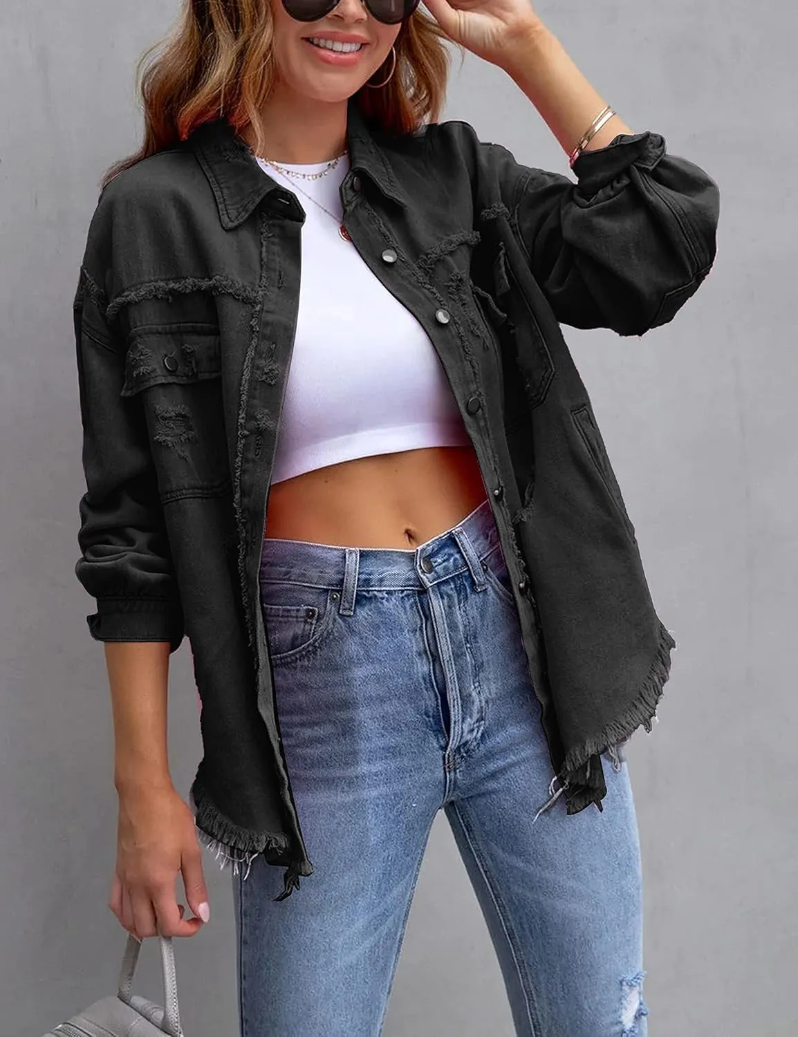 PUWEI Ripped Fringe Jean Jacket Women Distressed Washed Button Down Frayed Denim Shacket with Pocket