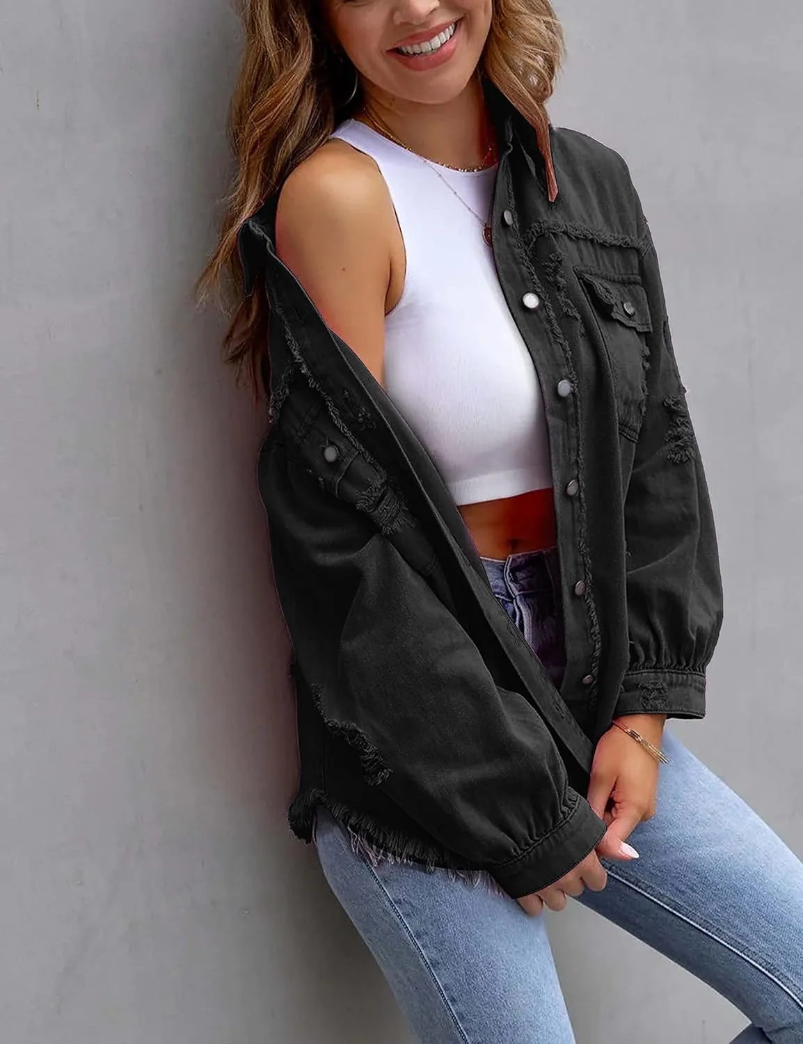 PUWEI Ripped Fringe Jean Jacket Women Distressed Washed Button Down Frayed Denim Shacket with Pocket