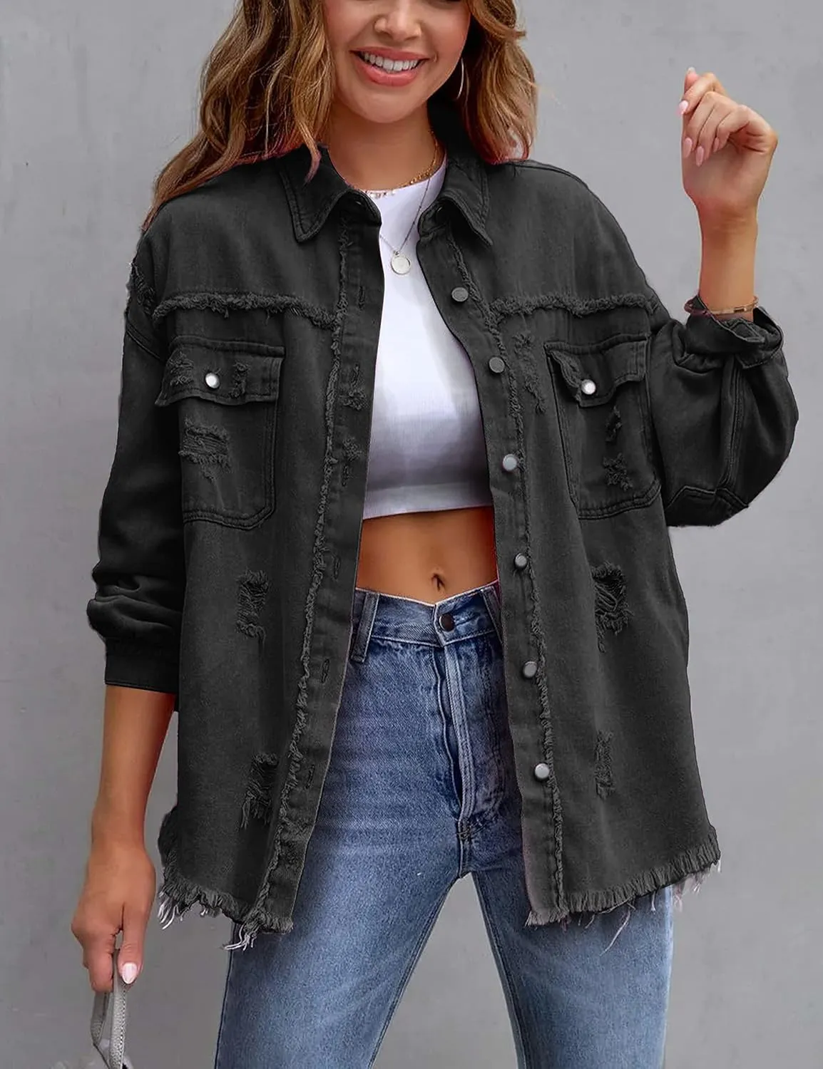PUWEI Ripped Fringe Jean Jacket Women Distressed Washed Button Down Frayed Denim Shacket with Pocket