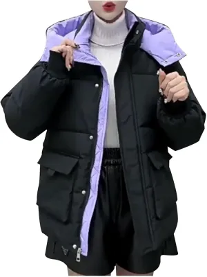 Quilted Jackets for Women Hooded Long Sleeve Puffer Jacket Fall Winter Warm Down Coats Outerwear with Pocket