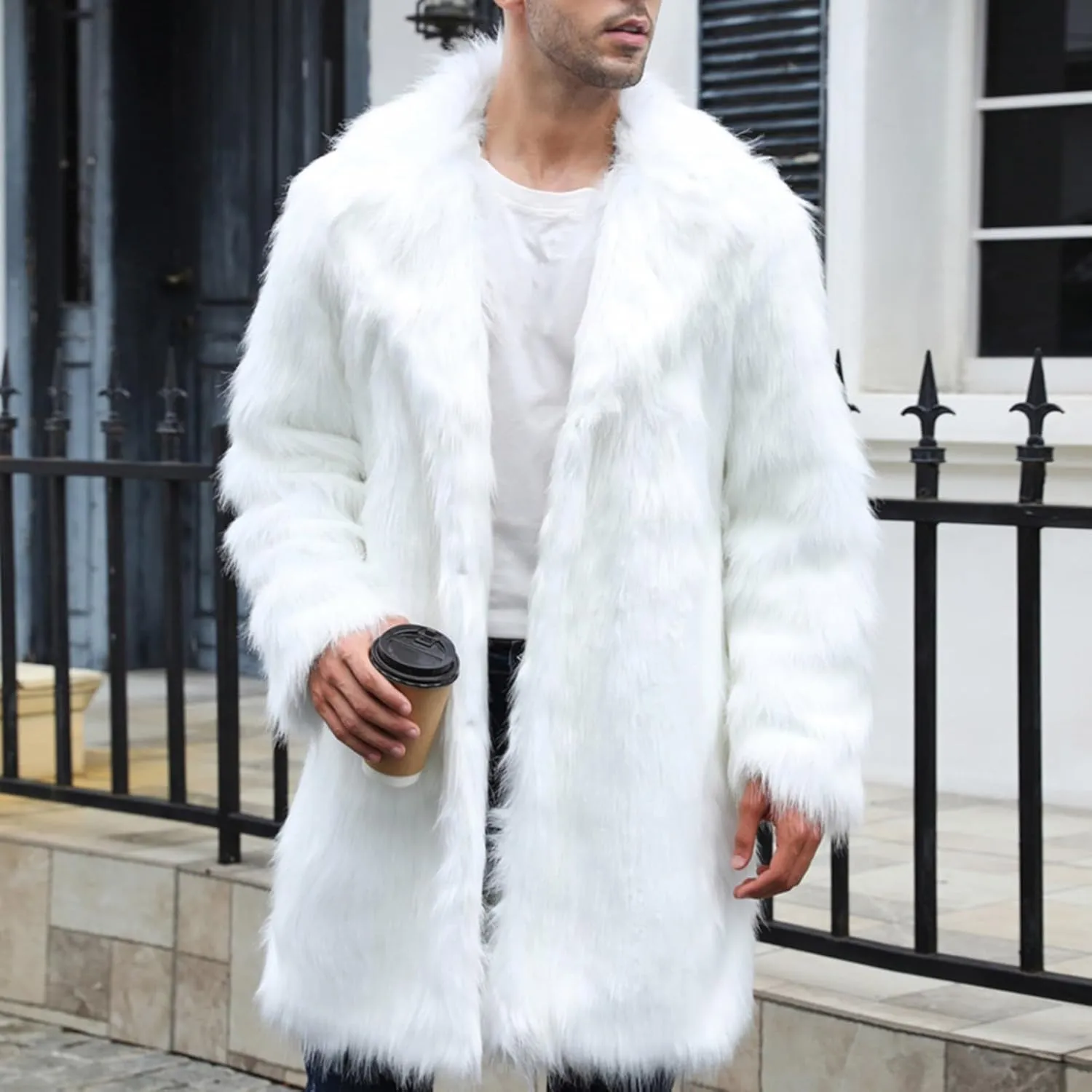 QWENTMTNTY Men Fluffy Long Faux Fur Coat Fashion Heavyweight Warm Winter Coats Thicken Faux Shearling Cardigan Overcoat