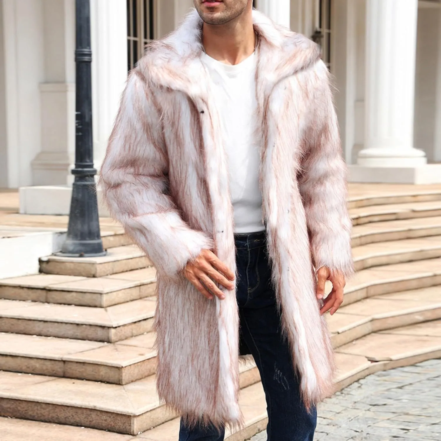 QWENTMTNTY Men's Stylish Fur Coat Winter Fluffy Faux Mink Thick Cardigan Jackets Shearling Lined Lightweight Coats Overcoat