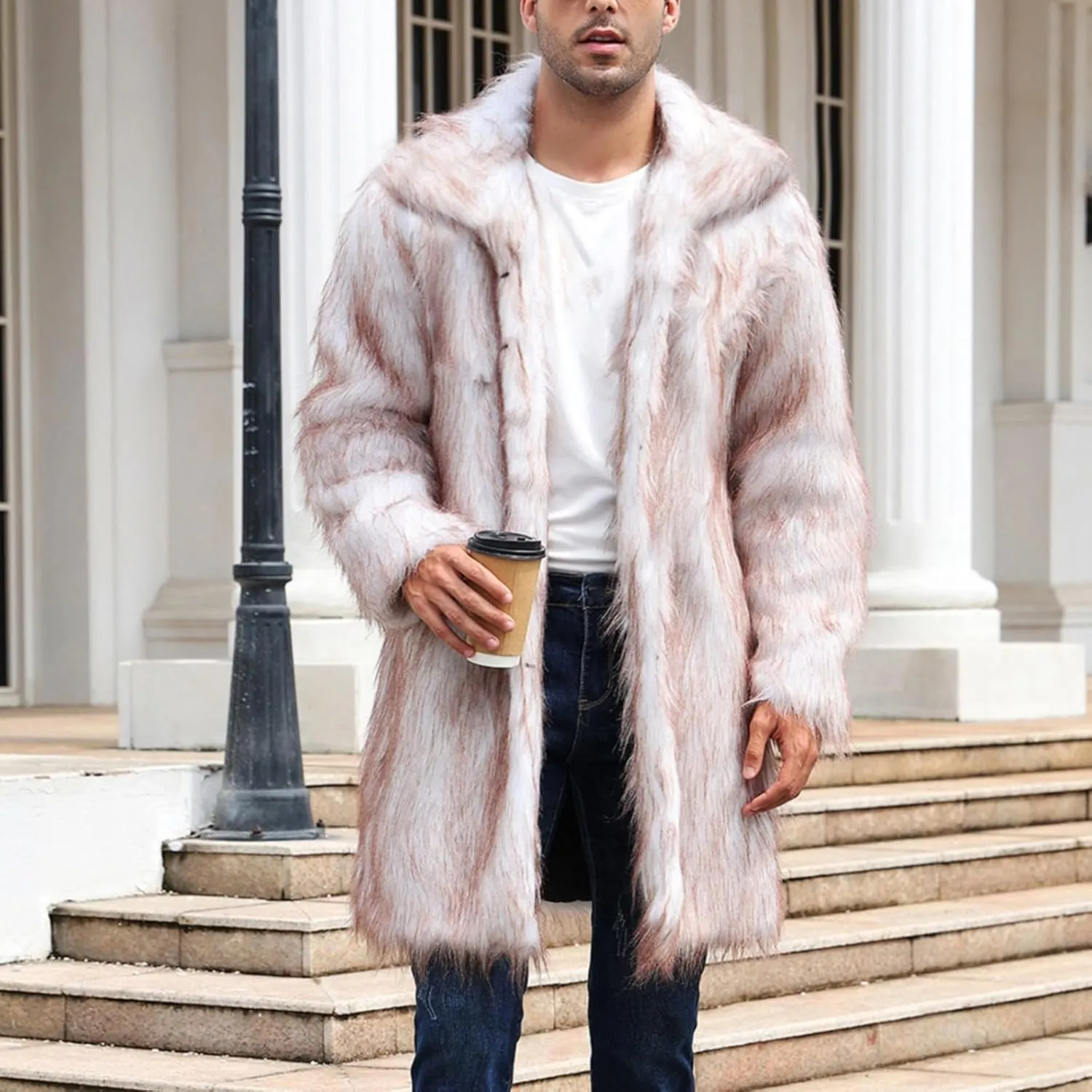 QWENTMTNTY Men's Stylish Fur Coat Winter Fluffy Faux Mink Thick Cardigan Jackets Shearling Lined Lightweight Coats Overcoat