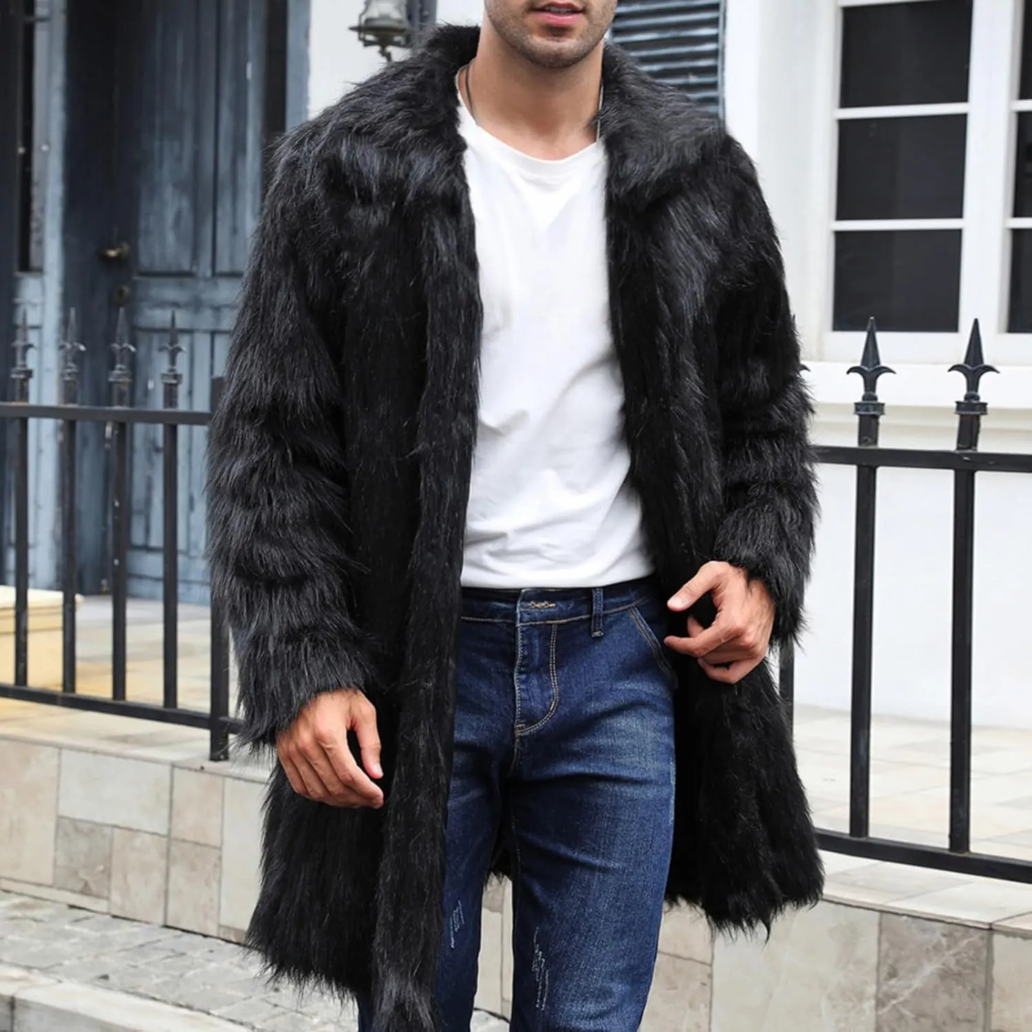 QWENTMTNTY Men's Stylish Fur Coat Winter Fluffy Faux Mink Thick Cardigan Jackets Shearling Lined Lightweight Coats Overcoat