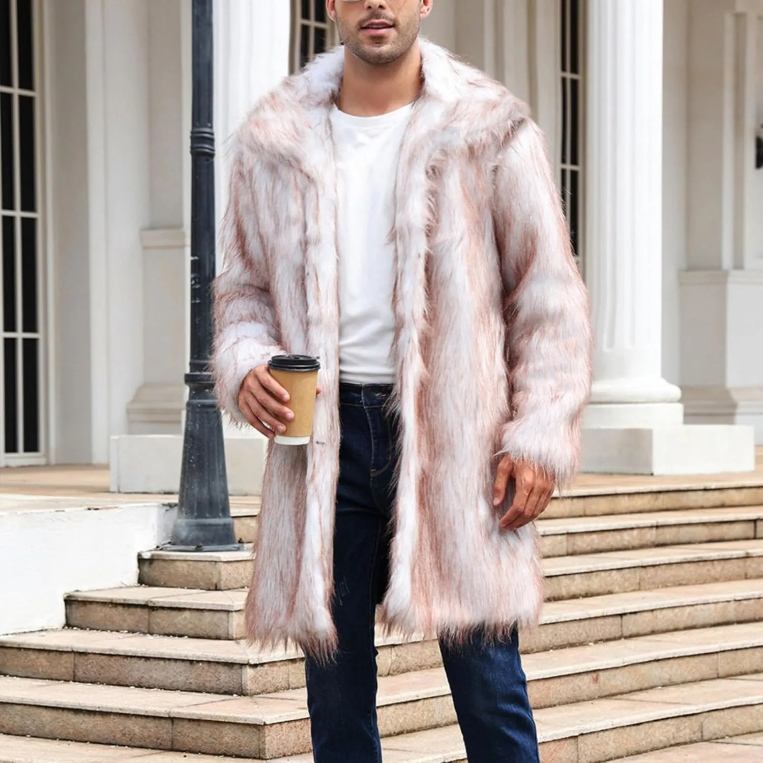QWENTMTNTY Men's Stylish Fur Coat Winter Fluffy Faux Mink Thick Cardigan Jackets Shearling Lined Lightweight Coats Overcoat