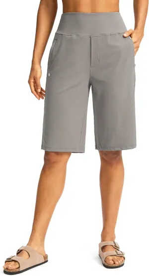 SANTINY Womens 12" Bermuda Shorts Knee Length with Pockets High Waisted Stretchy Casual Walking Long Shorts for Women