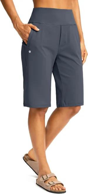 SANTINY Womens 12" Bermuda Shorts Knee Length with Pockets High Waisted Stretchy Casual Walking Long Shorts for Women