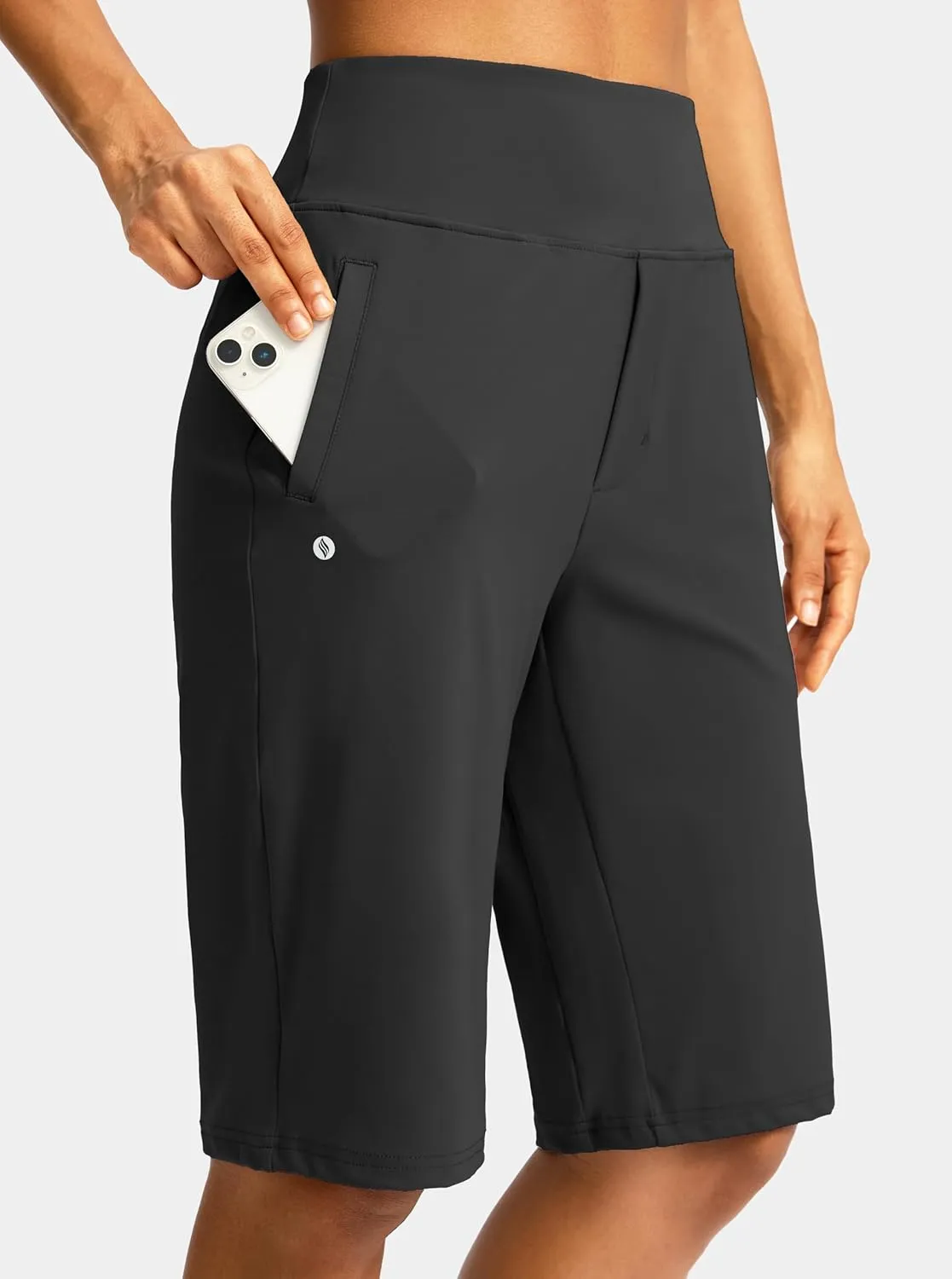 SANTINY Womens 12" Bermuda Shorts Knee Length with Pockets High Waisted Stretchy Casual Walking Long Shorts for Women