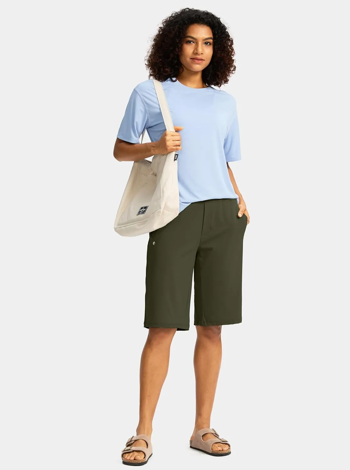 SANTINY Womens 12" Bermuda Shorts Knee Length with Pockets High Waisted Stretchy Casual Walking Long Shorts for Women