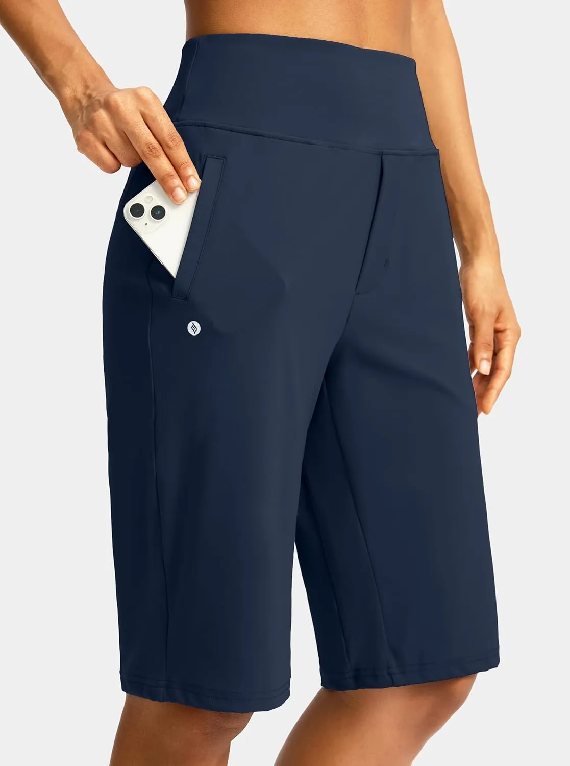 SANTINY Womens 12" Bermuda Shorts Knee Length with Pockets High Waisted Stretchy Casual Walking Long Shorts for Women