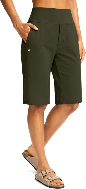 SANTINY Womens 12" Bermuda Shorts Knee Length with Pockets High Waisted Stretchy Casual Walking Long Shorts for Women