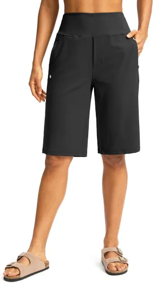 SANTINY Womens 12" Bermuda Shorts Knee Length with Pockets High Waisted Stretchy Casual Walking Long Shorts for Women