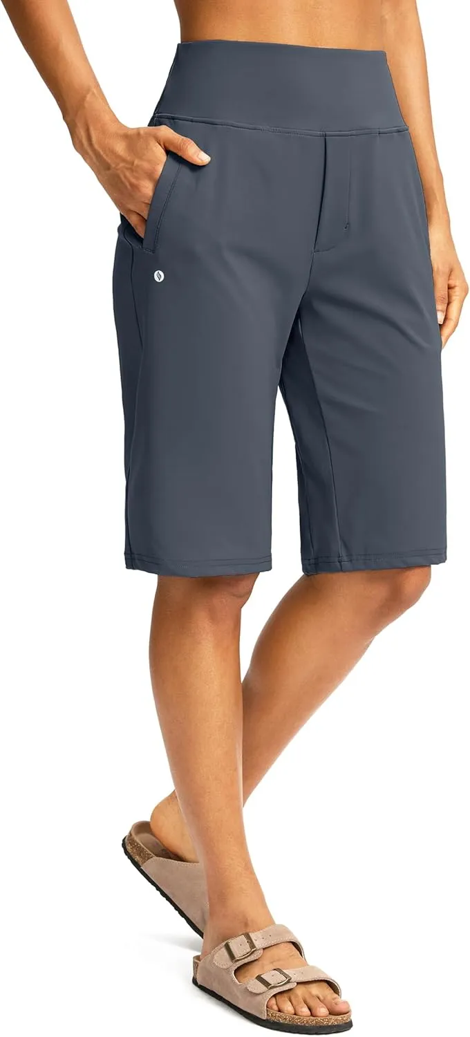 SANTINY Womens 12" Bermuda Shorts Knee Length with Pockets High Waisted Stretchy Casual Walking Long Shorts for Women
