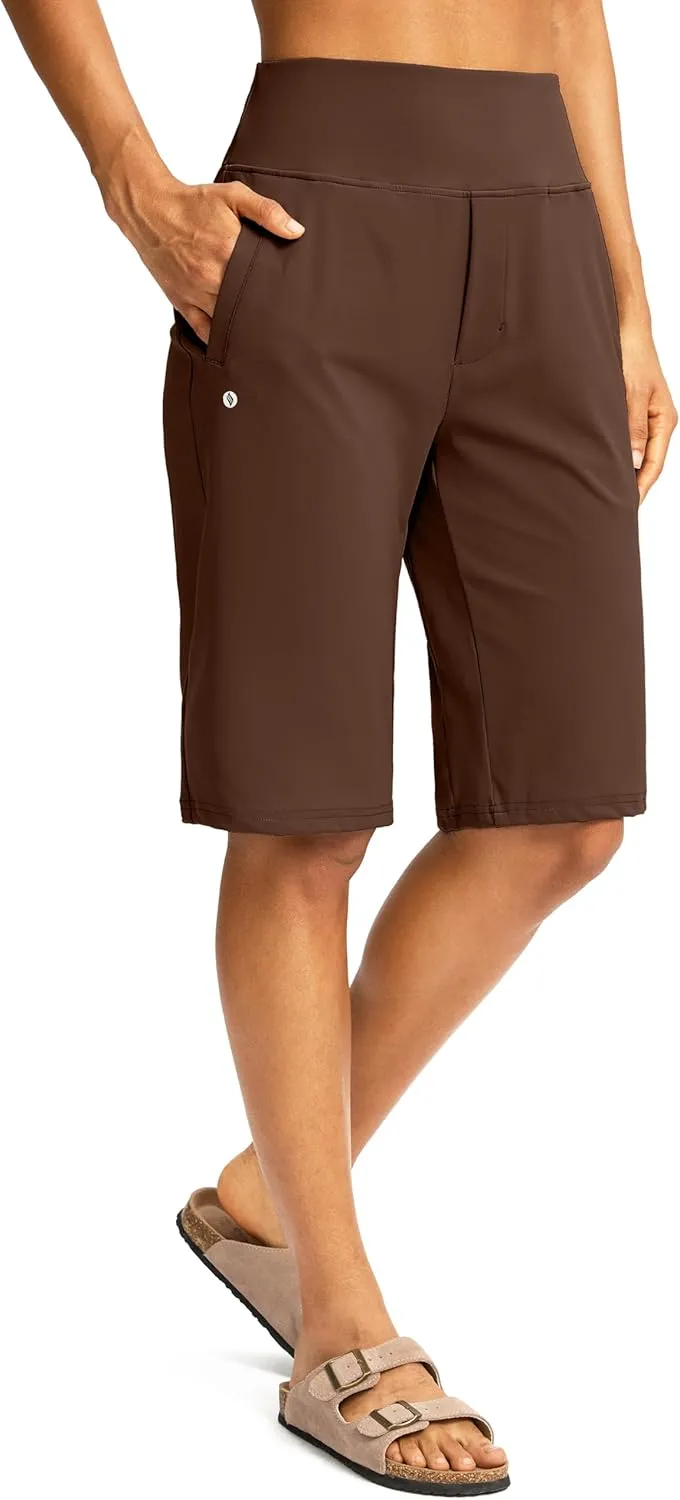 SANTINY Womens 12" Bermuda Shorts Knee Length with Pockets High Waisted Stretchy Casual Walking Long Shorts for Women