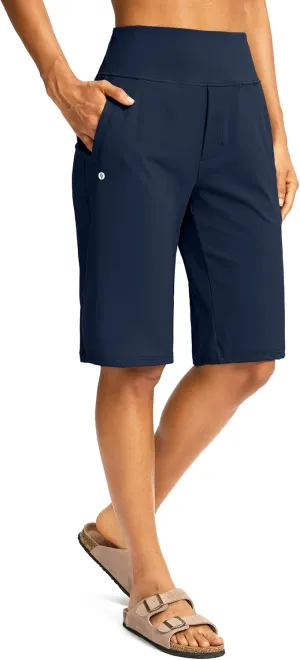SANTINY Womens 12" Bermuda Shorts Knee Length with Pockets High Waisted Stretchy Casual Walking Long Shorts for Women