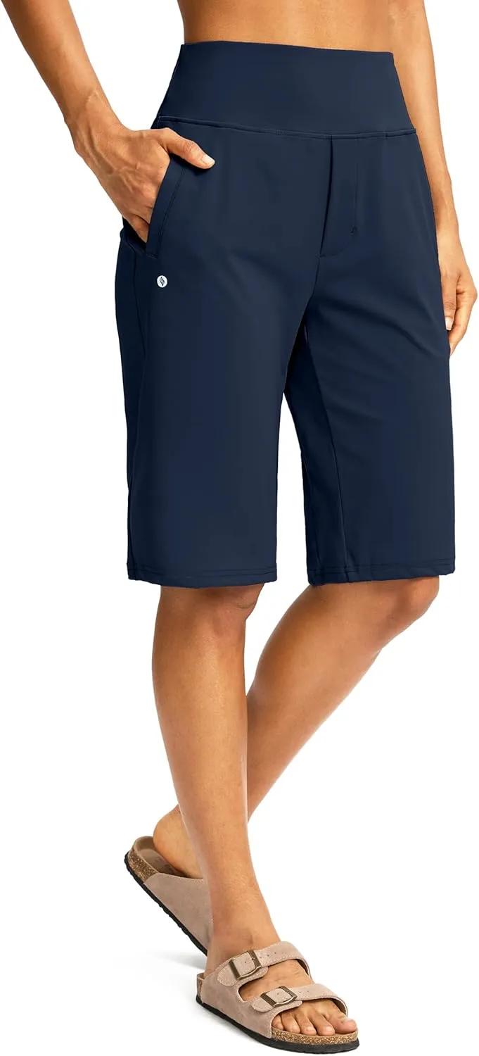 SANTINY Womens 12" Bermuda Shorts Knee Length with Pockets High Waisted Stretchy Casual Walking Long Shorts for Women