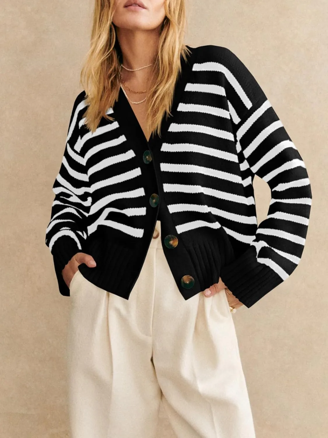 Saodimallsu Womens Striped Cardigan Sweaters V Neck Button Down Long Sleeve Open Front Ribbed Knit Outerwear