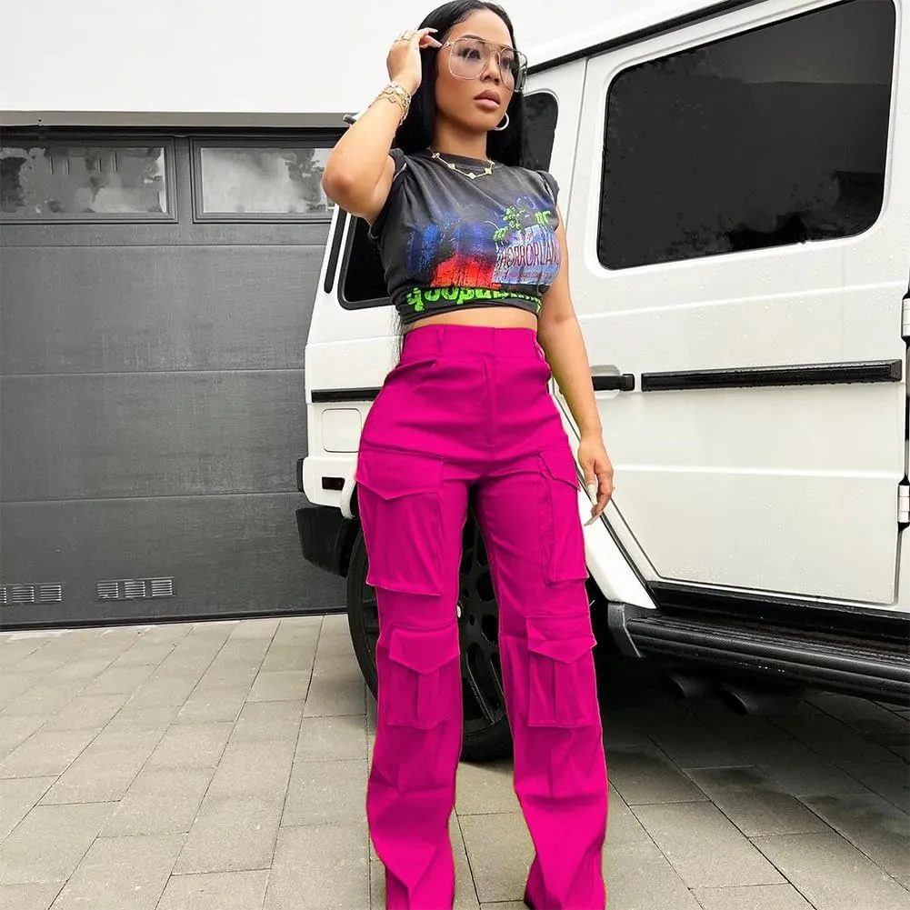 Satin Cargo Pants for Women Wide Leg Casual High Waisted Pants Multi Pockets Straight Y2K Trousers