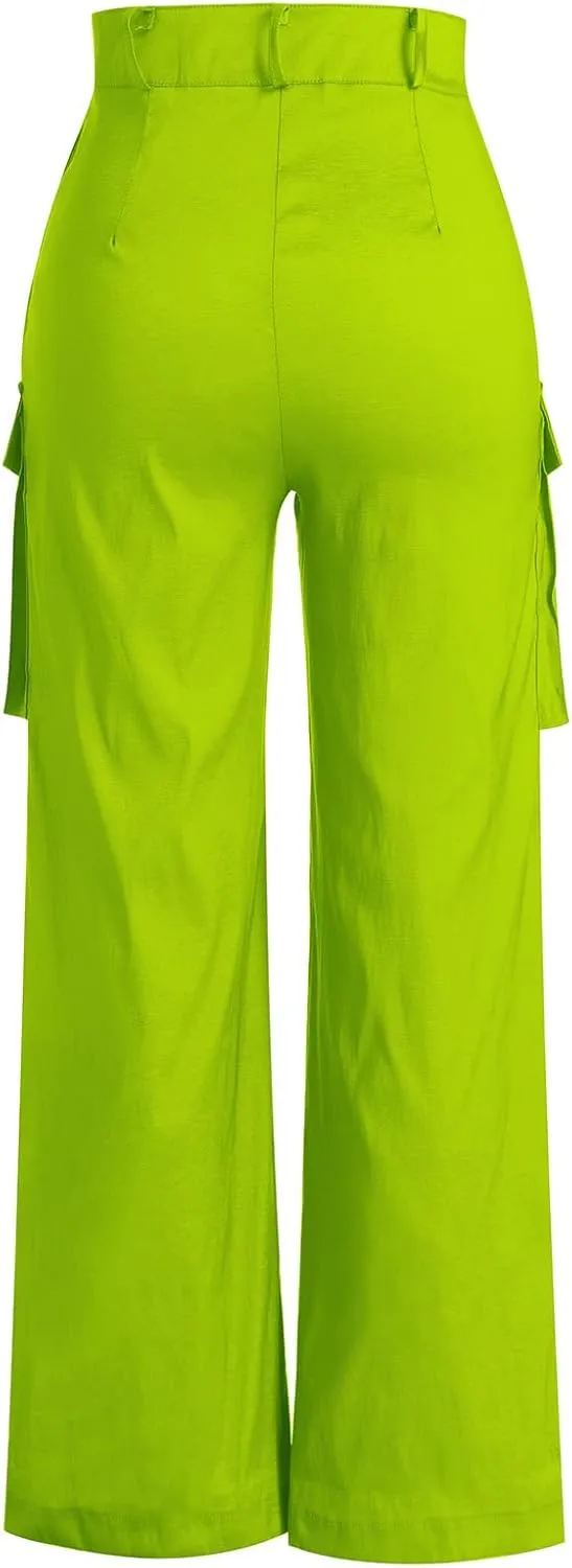Satin Cargo Pants for Women Wide Leg Casual High Waisted Pants Multi Pockets Straight Y2K Trousers