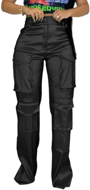 Satin Cargo Pants for Women Wide Leg Casual High Waisted Pants Multi Pockets Straight Y2K Trousers