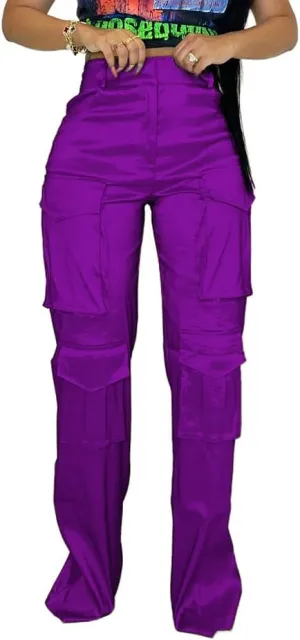 Satin Cargo Pants for Women Wide Leg Casual High Waisted Pants Multi Pockets Straight Y2K Trousers