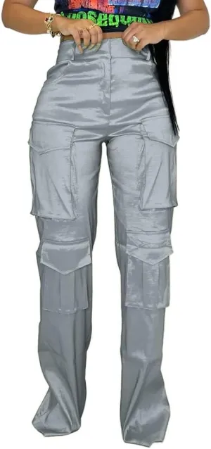 Satin Cargo Pants for Women Wide Leg Casual High Waisted Pants Multi Pockets Straight Y2K Trousers