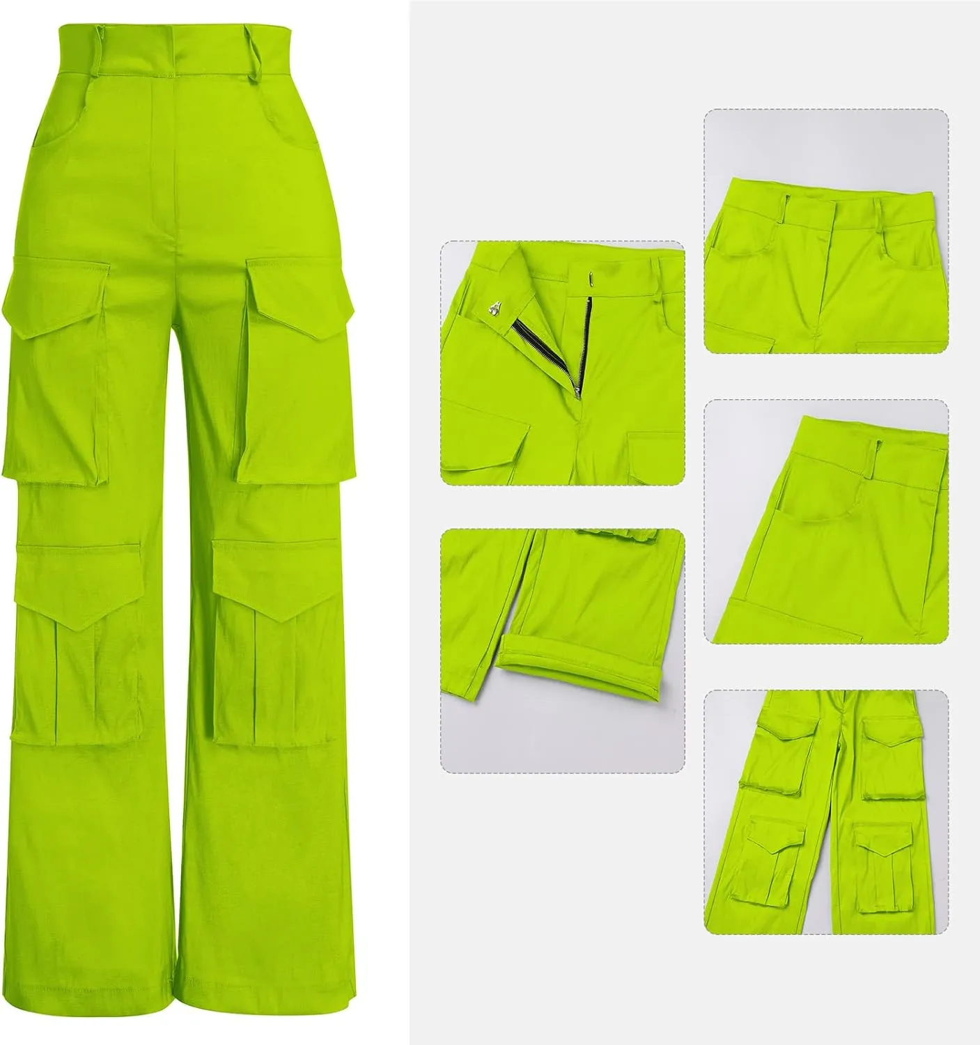 Satin Cargo Pants for Women Wide Leg Casual High Waisted Pants Multi Pockets Straight Y2K Trousers
