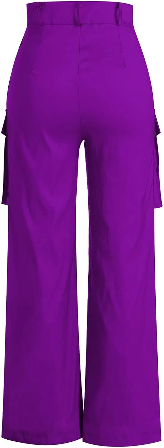 Satin Cargo Pants for Women Wide Leg Casual High Waisted Pants Multi Pockets Straight Y2K Trousers
