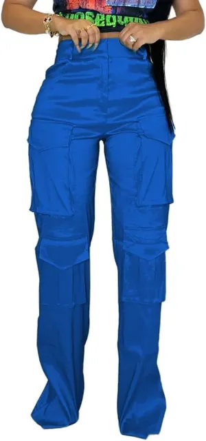Satin Cargo Pants for Women Wide Leg Casual High Waisted Pants Multi Pockets Straight Y2K Trousers