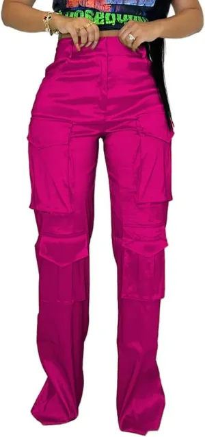 Satin Cargo Pants for Women Wide Leg Casual High Waisted Pants Multi Pockets Straight Y2K Trousers