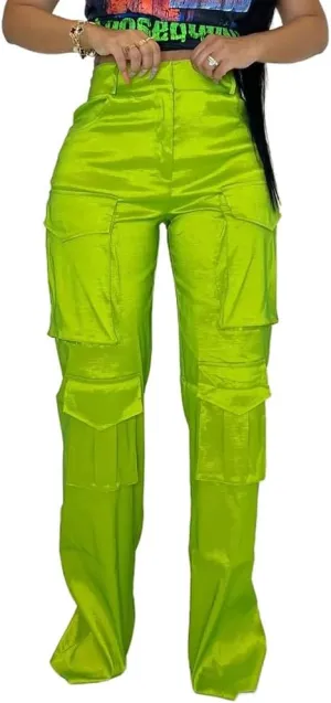 Satin Cargo Pants for Women Wide Leg Casual High Waisted Pants Multi Pockets Straight Y2K Trousers