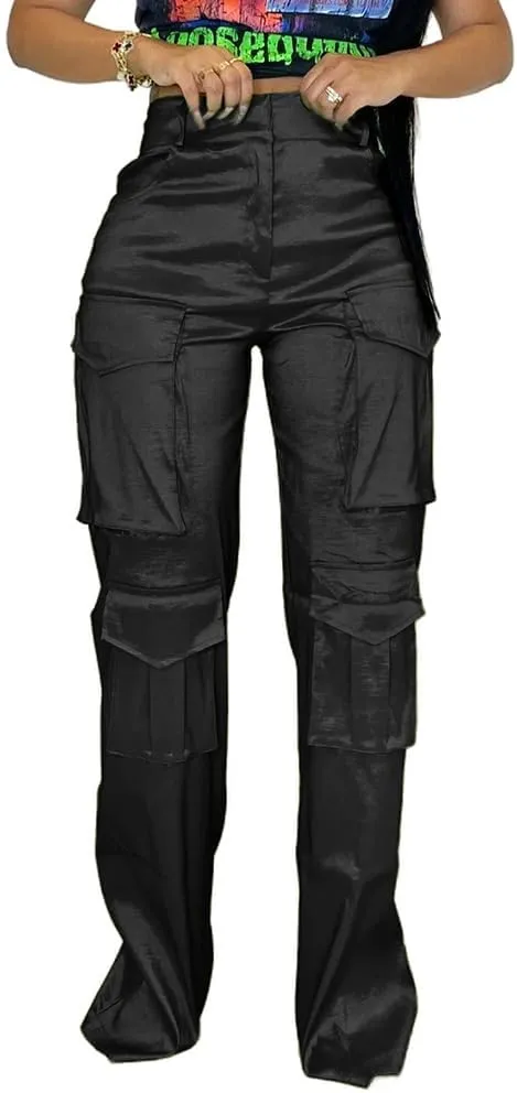 Satin Cargo Pants for Women Wide Leg Casual High Waisted Pants Multi Pockets Straight Y2K Trousers