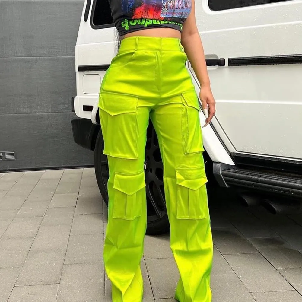 Satin Cargo Pants for Women Wide Leg Casual High Waisted Pants Multi Pockets Straight Y2K Trousers