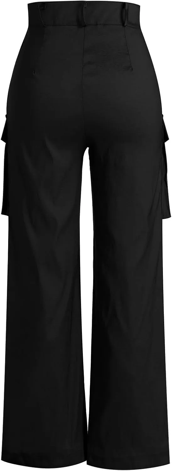 Satin Cargo Pants for Women Wide Leg Casual High Waisted Pants Multi Pockets Straight Y2K Trousers