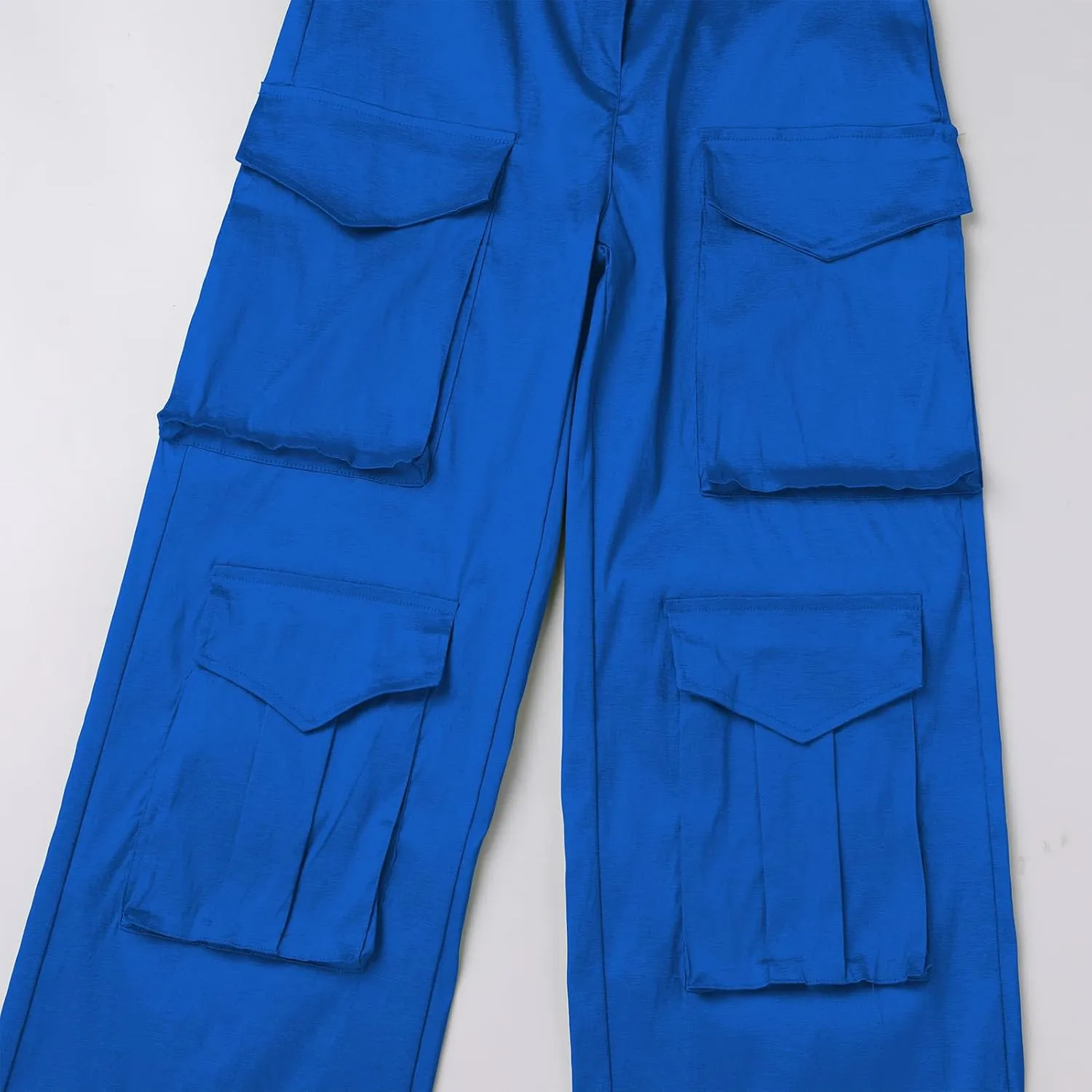 Satin Cargo Pants for Women Wide Leg Casual High Waisted Pants Multi Pockets Straight Y2K Trousers