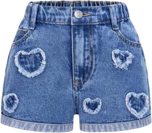 SHENHE Girl's Summer Denim Shorts Frayed Heart Pattern Elastic Waist Casual Jean Shorts