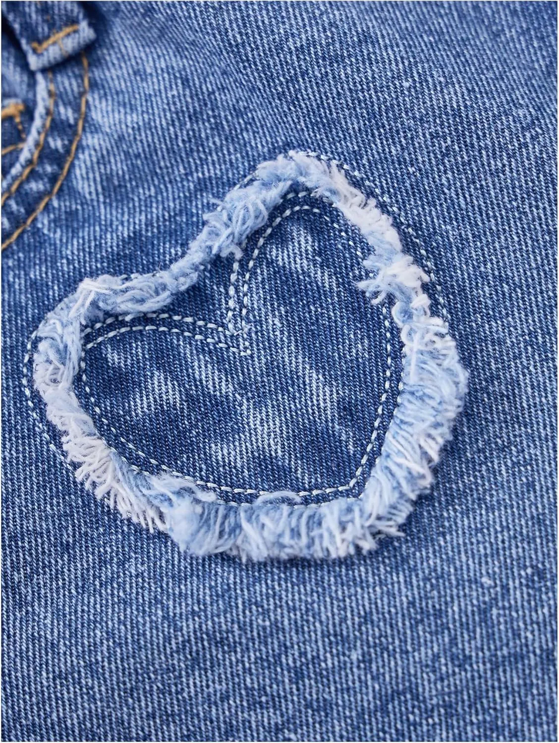 SHENHE Girl's Summer Denim Shorts Frayed Heart Pattern Elastic Waist Casual Jean Shorts
