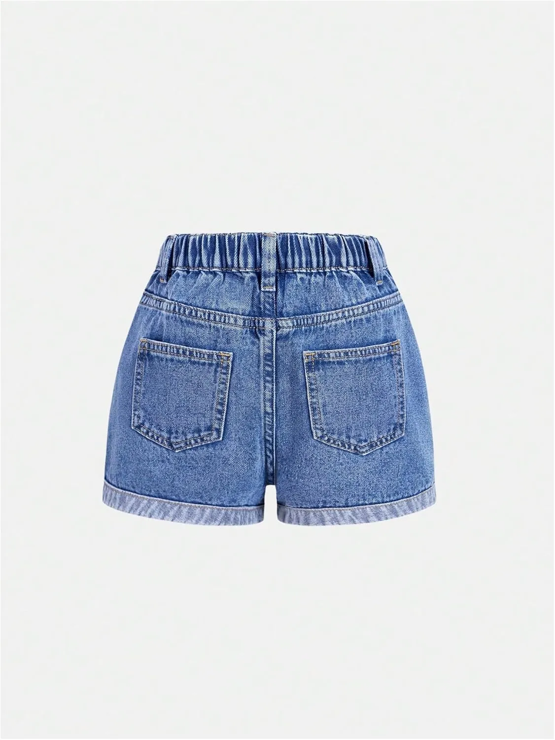 SHENHE Girl's Summer Denim Shorts Frayed Heart Pattern Elastic Waist Casual Jean Shorts