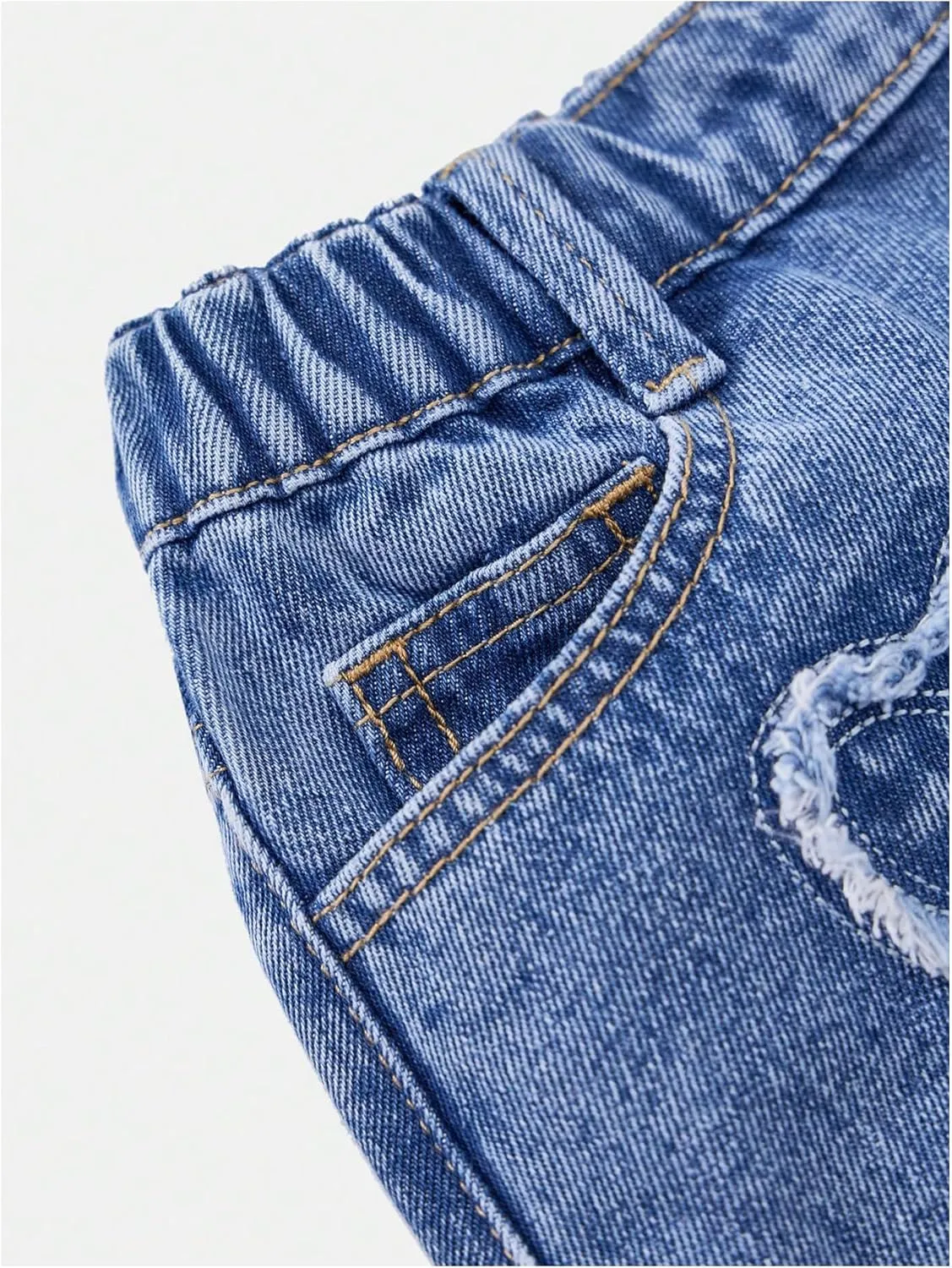 SHENHE Girl's Summer Denim Shorts Frayed Heart Pattern Elastic Waist Casual Jean Shorts