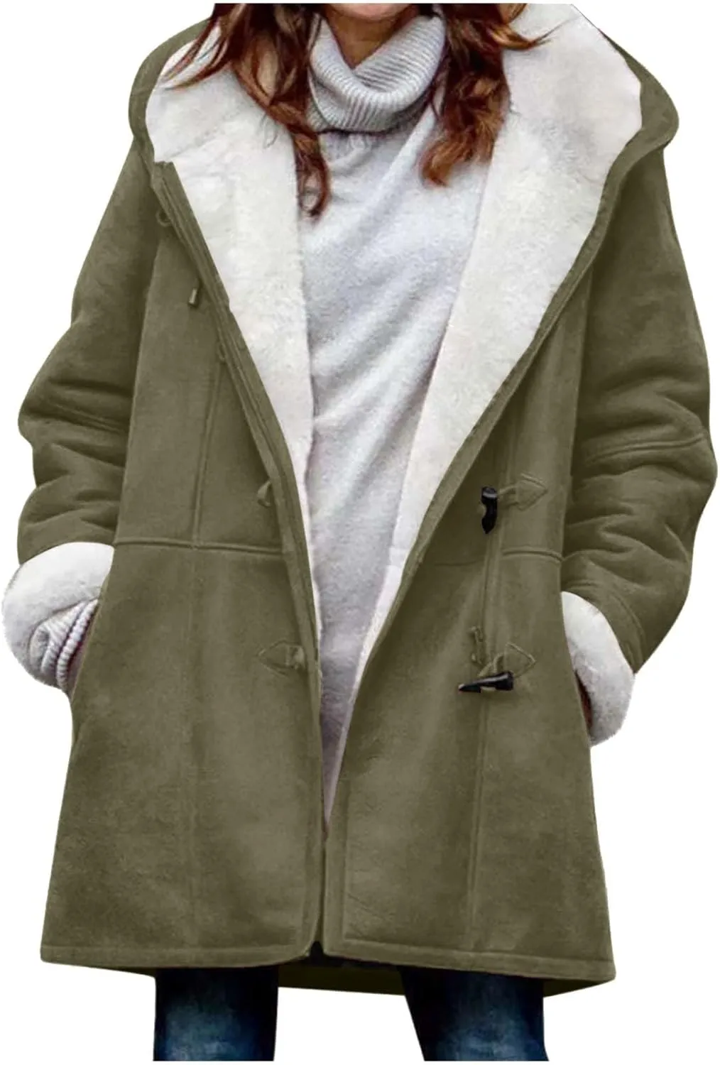 Sherpa Fleece Coats for Women 2024 Plus Size Winter Jacket Hoodie Suede Parka Pea Coats Button Down Coat Outerwear