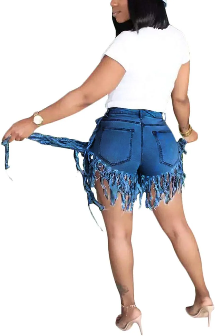 SIAEAMRG Jean Shorts for Women Juniors, Summer High Waisted Stretchy Frayed Raw Hem Tassels Denim Shorts