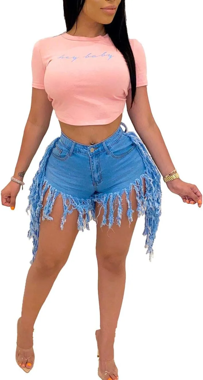 SIAEAMRG Jean Shorts for Women Juniors, Summer High Waisted Stretchy Frayed Raw Hem Tassels Denim Shorts