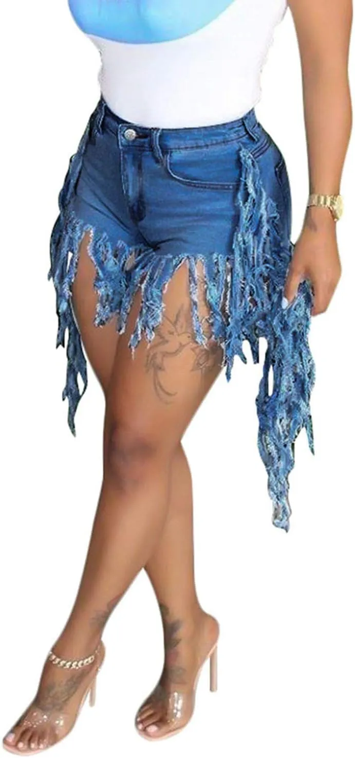 SIAEAMRG Jean Shorts for Women Juniors, Summer High Waisted Stretchy Frayed Raw Hem Tassels Denim Shorts