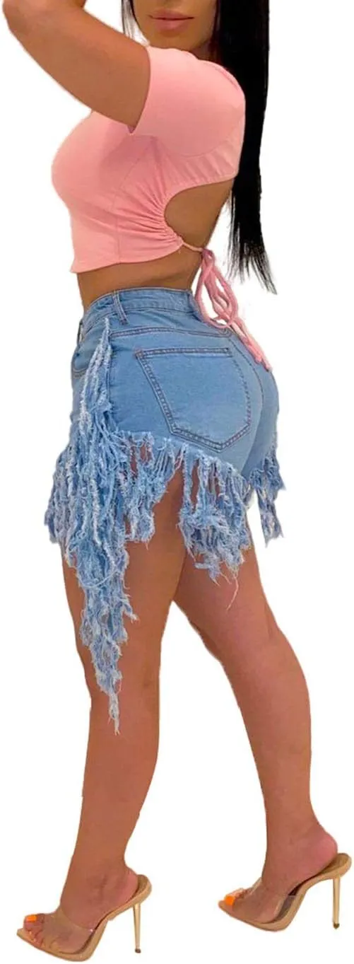 SIAEAMRG Jean Shorts for Women Juniors, Summer High Waisted Stretchy Frayed Raw Hem Tassels Denim Shorts