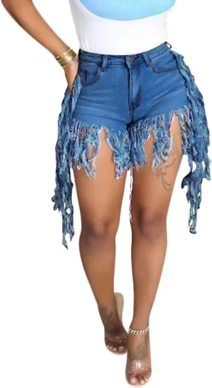 SIAEAMRG Jean Shorts for Women Juniors, Summer High Waisted Stretchy Frayed Raw Hem Tassels Denim Shorts