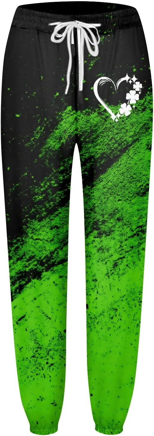 St. Patrick's Day Women Sweatpants Elastic Waist Scottish Loose Clover Breathable Printed Lounge Pants with Pockets