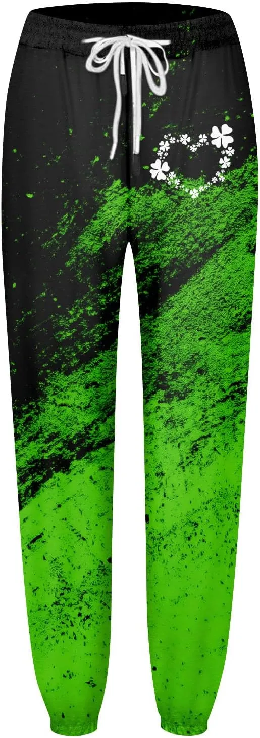 St. Patrick's Day Women Sweatpants Elastic Waist Scottish Loose Clover Breathable Printed Lounge Pants with Pockets