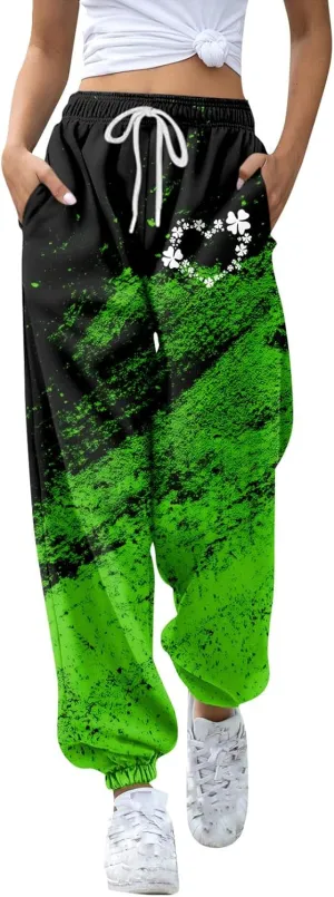 St. Patrick's Day Women Sweatpants Elastic Waist Scottish Loose Clover Breathable Printed Lounge Pants with Pockets